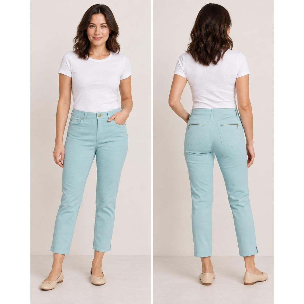 Talbots Petites Light Blue Aqua Ankle Pants Gold Zipper Back Pockets 2P